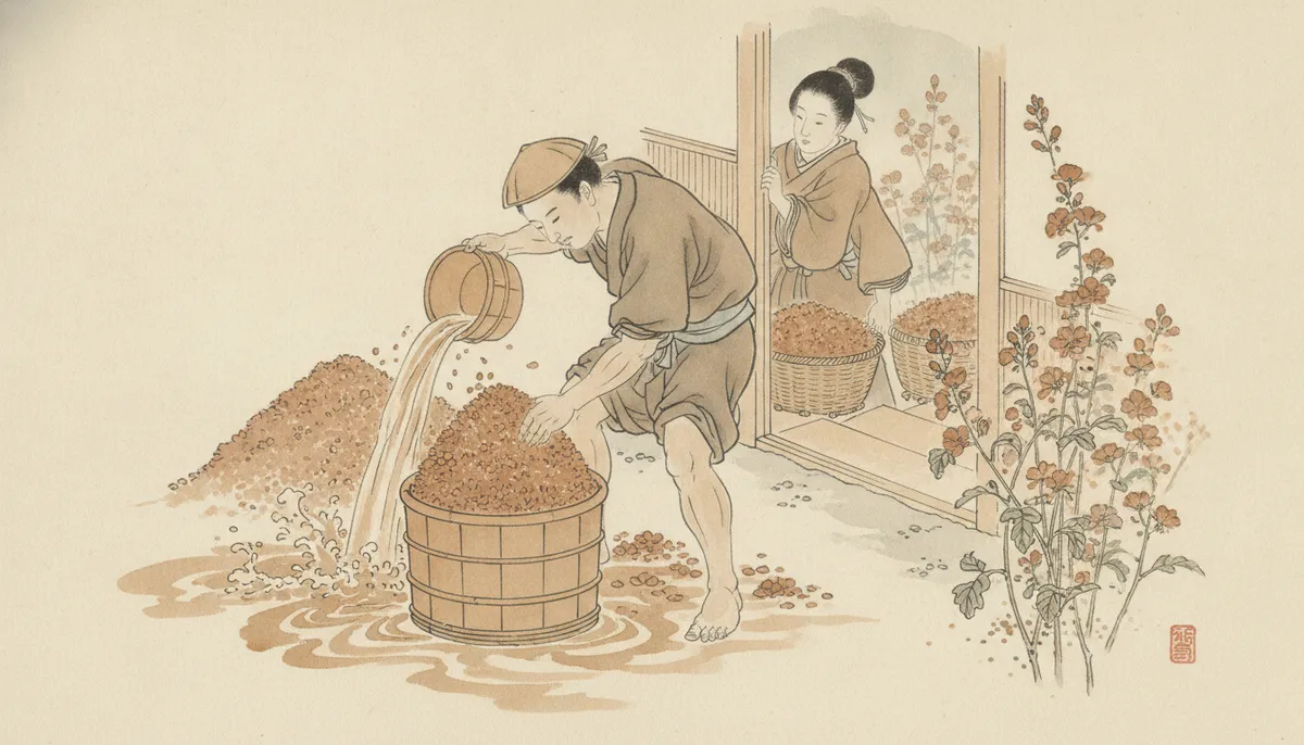 挿絵:庭では、ひとりの男が、橙色の花を桶に山と入れて、水をどぼどぼ注いでいた