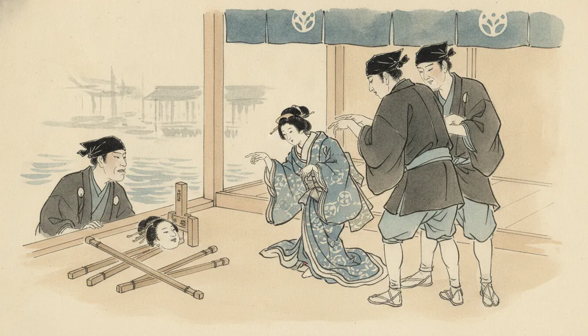 挿絵：ところが鶴松は、女房の人形の前へ回ると、急に手を持て余した