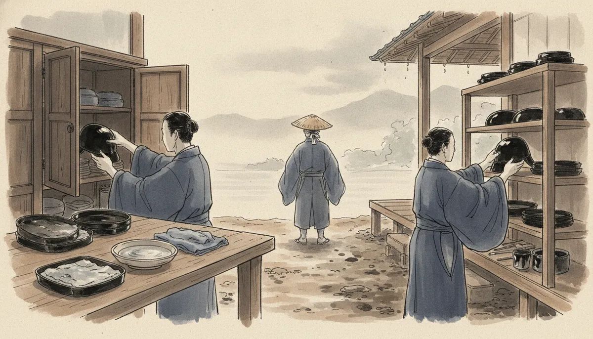 挿絵:乾いた晴れの日には、熊丸は烏帽子を戸棚の奥へしまい込み、水を張った小皿と湿らせた