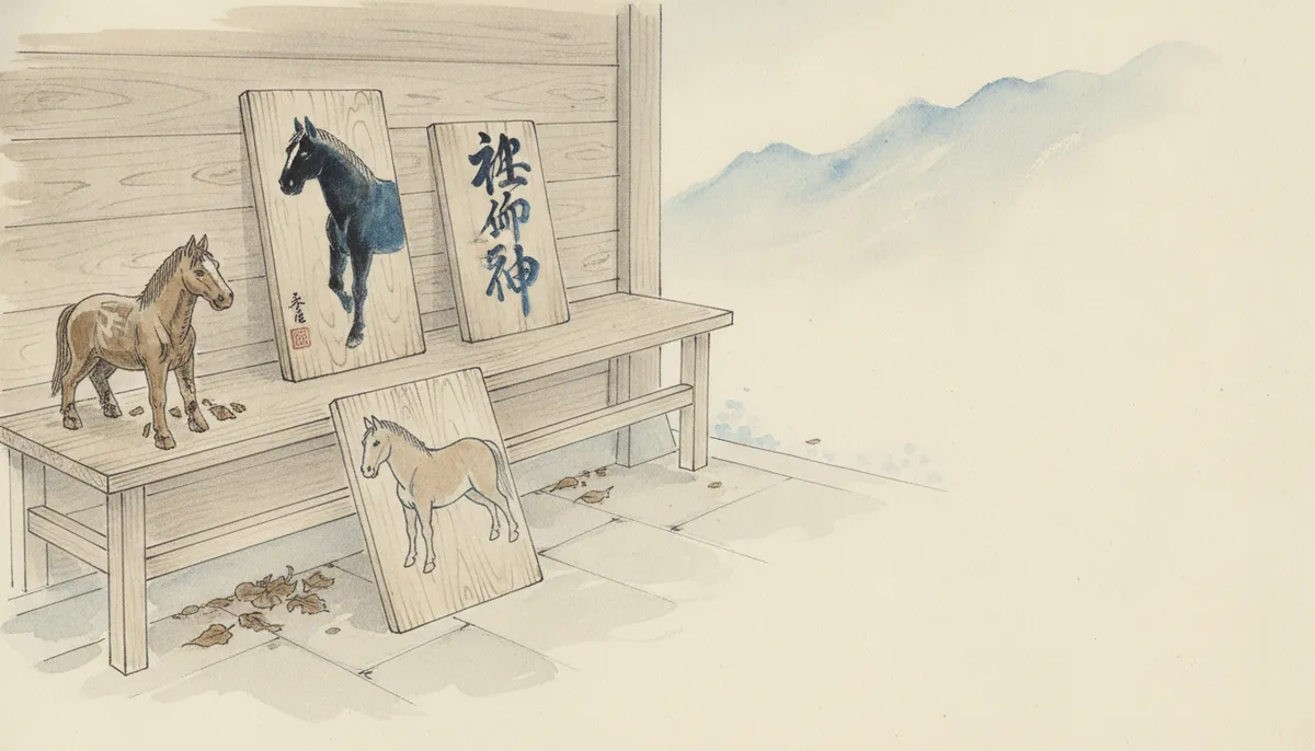 挿絵:拝殿の脇に、杉の板を渡しただけの棚があった