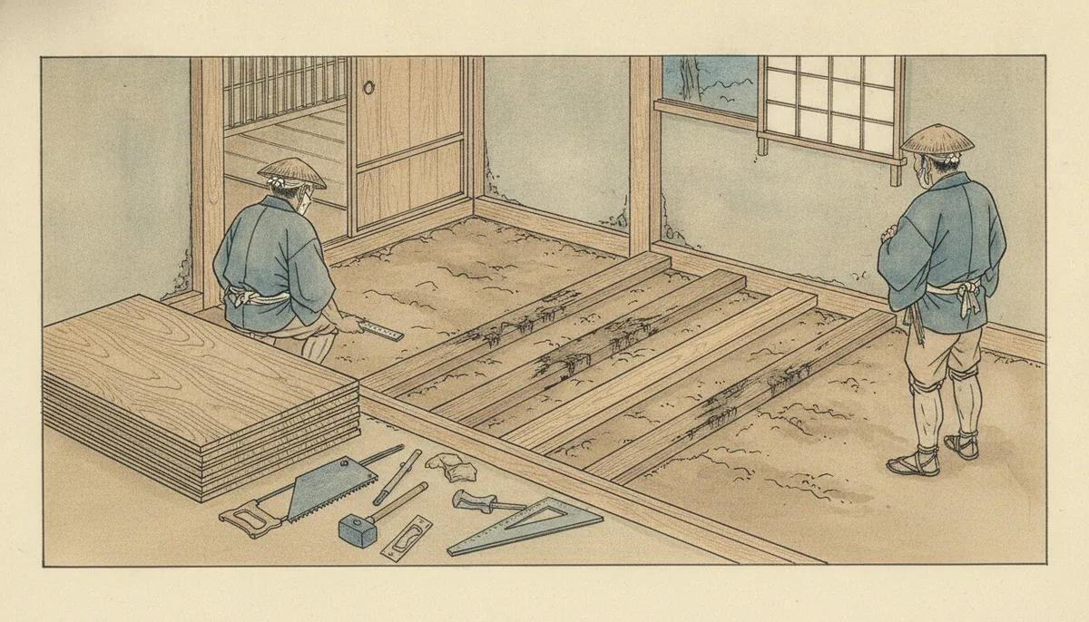 挿絵：まずは古い板をはがし、下の根太を検める
