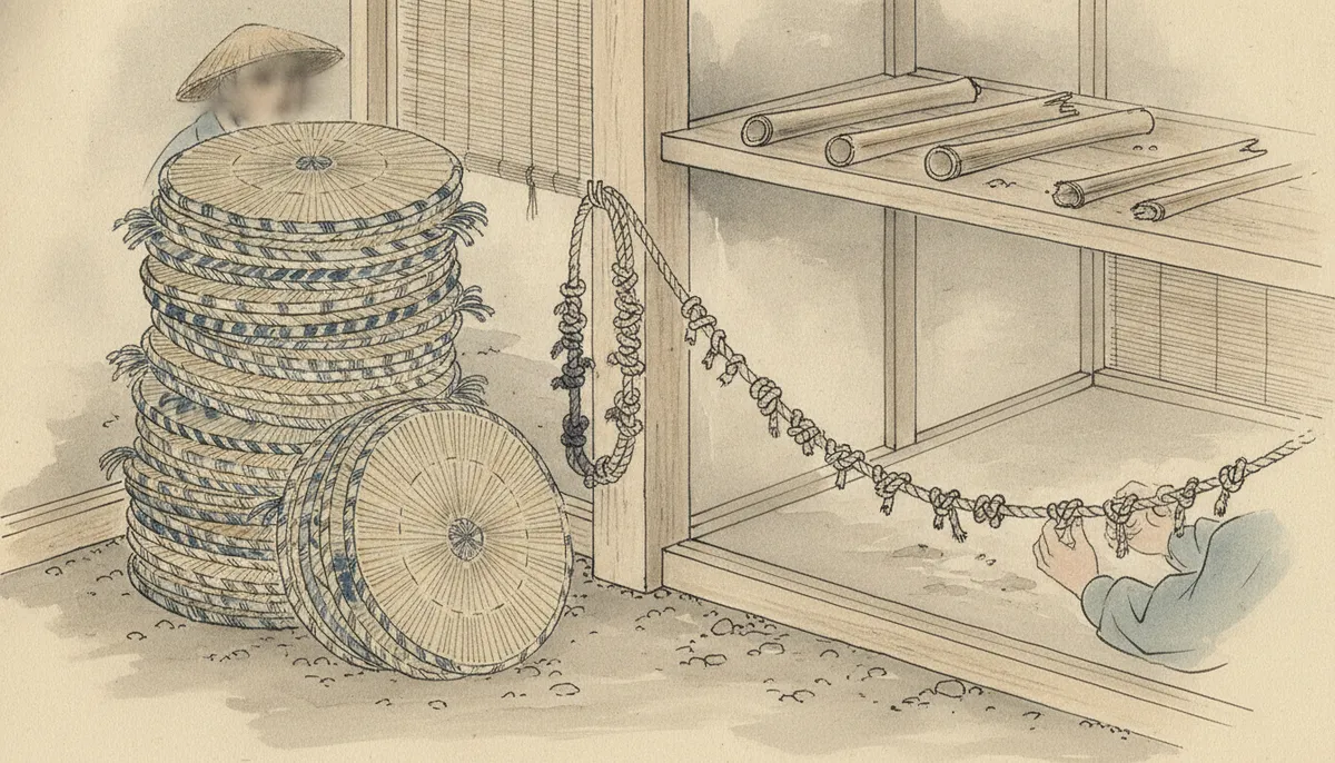 挿絵:土間の隅には、編みあがった円座がいくつも積まれていた
