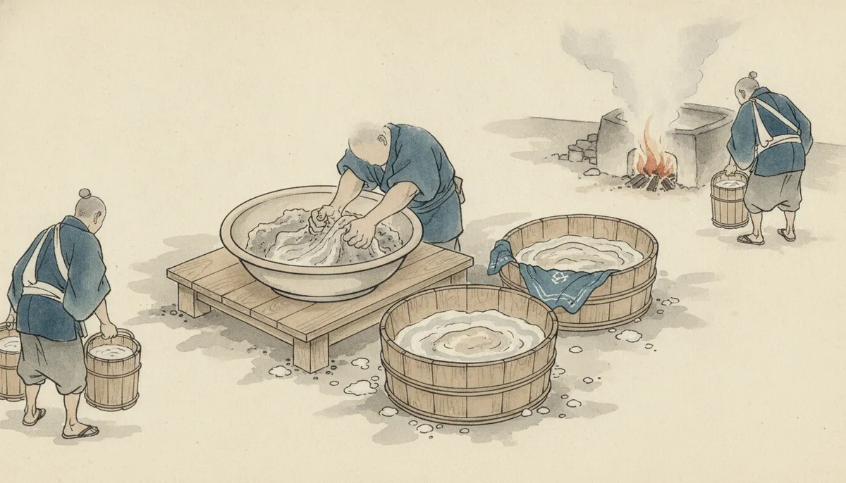 挿絵：賢恵どのは、鉢に粉をあけ、水を少しずつ落としながら、こぶしで押すように練りはじめ