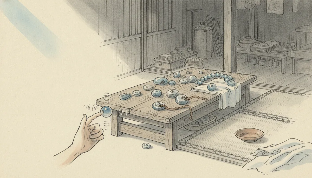 挿絵:あっしは玉をひとつずつ手にとって、爪の先で縁をはじき、音をくらべた