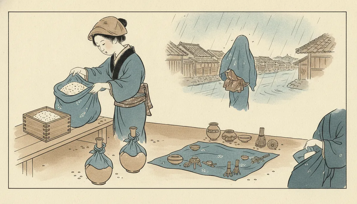 挿絵：このおそのという女将は、一枚の布をまるで手妻のように使った