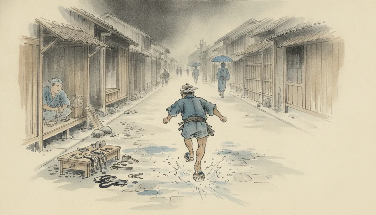 挿絵：すげ替えの済んだ下駄を、小僧はうれしそうに突っかけて、雨のなかへ駆けていった