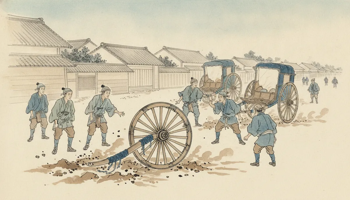 挿絵：誰の車が先に立つか、その一事で、供の者たちは声を荒らげ合っていたのに、車輪ひとつ