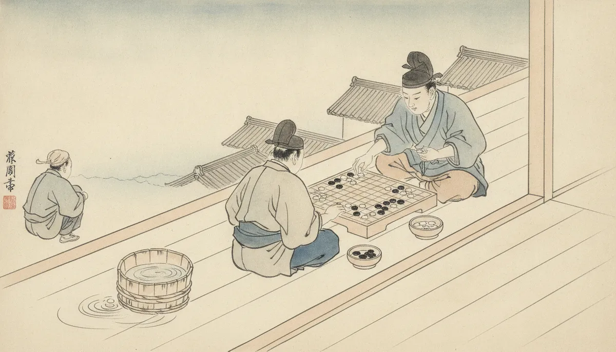挿絵:ある日、使いの合間に、われは簀子の隅にうずくまって、二人の打つ盤をぼんやり覗きこ