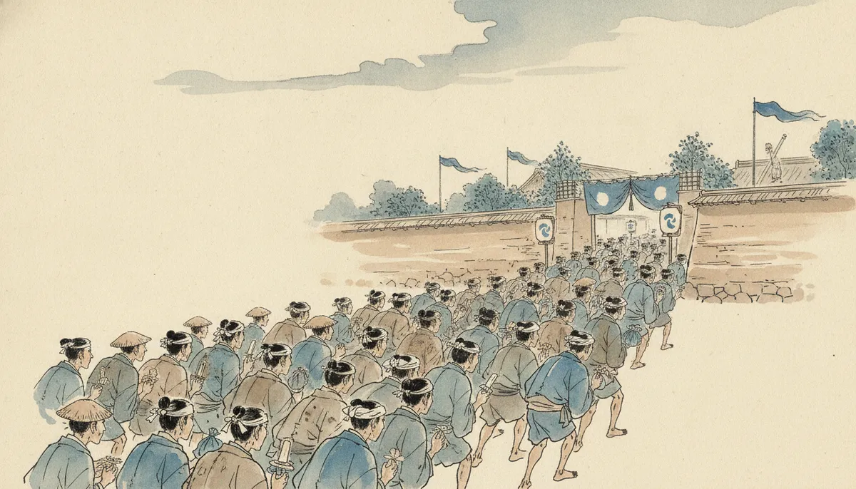挿絵:祭りの日、苑のまわりは、おびただしい人で埋まった