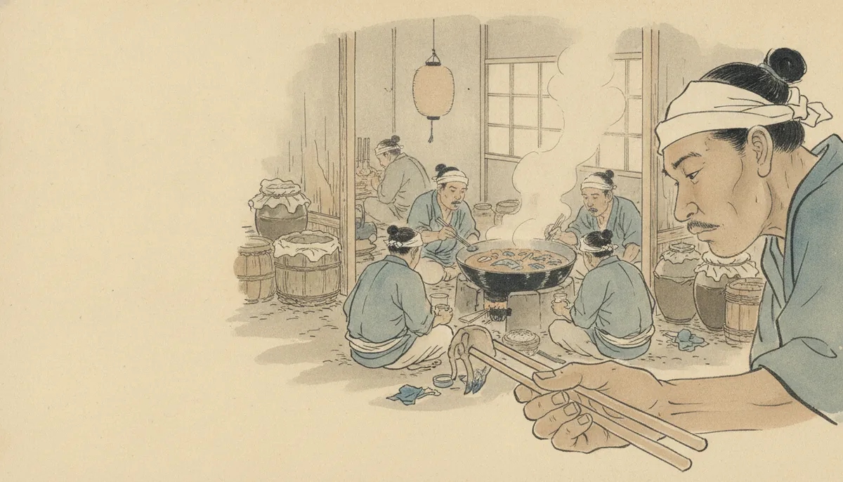 挿絵：店は、味噌仕立ての甘い匂いと、この時代の人にはまだ嗅ぎなれぬ脂の匂いとで、むんむ