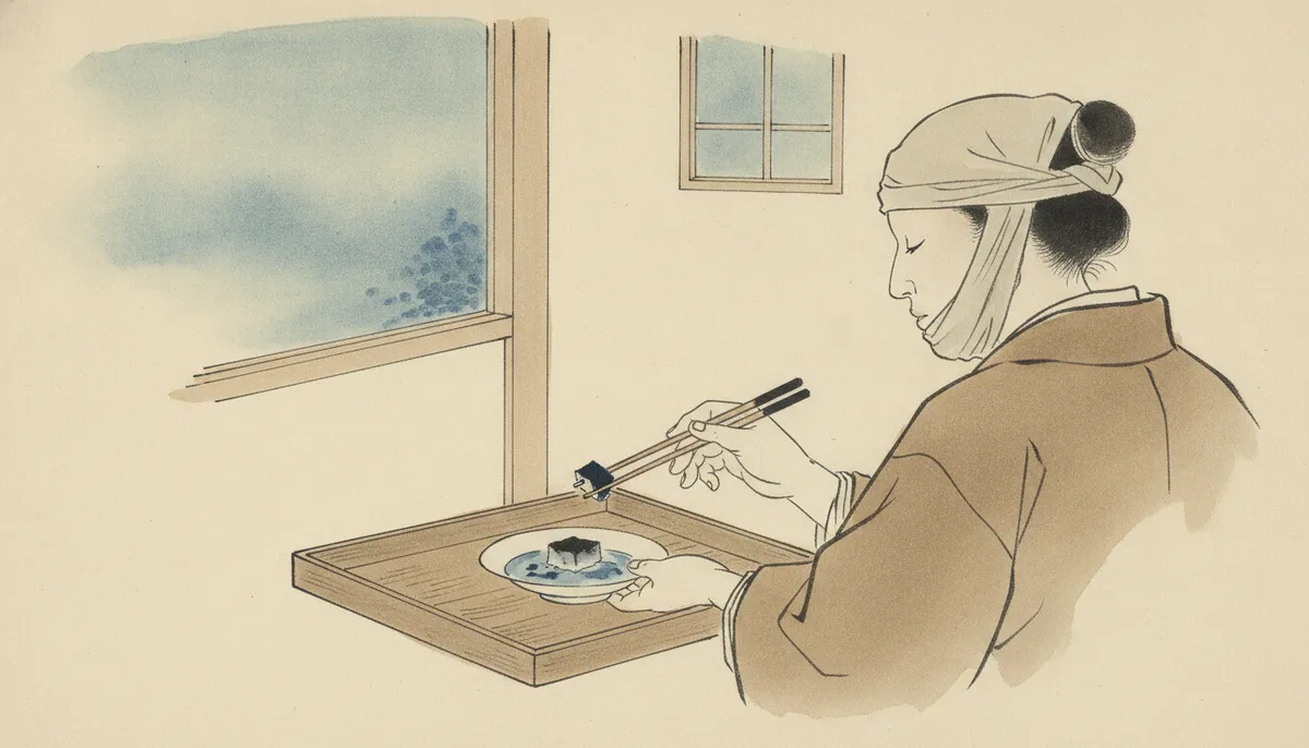挿絵：それから、意を決したように、ほんの小さな一切れを、箸でつまみ、目をつぶって、おそ