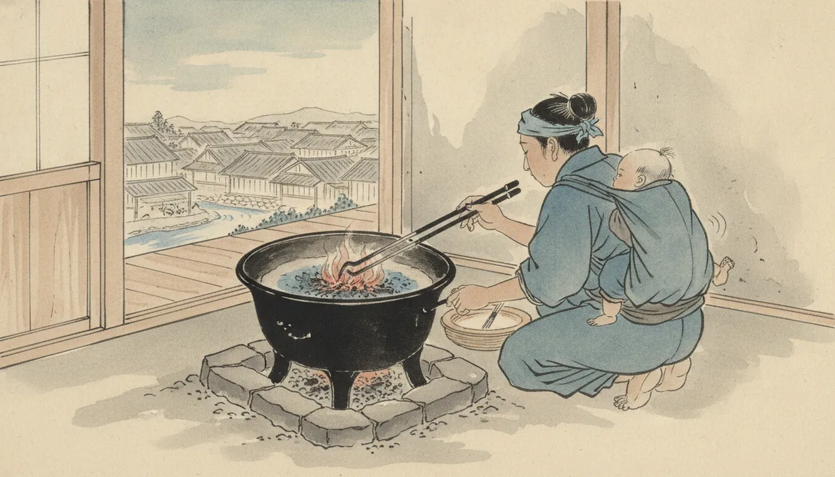 挿絵：寅松は、その鉢の前にしゃがみ、火箸で灰をかき寄せた