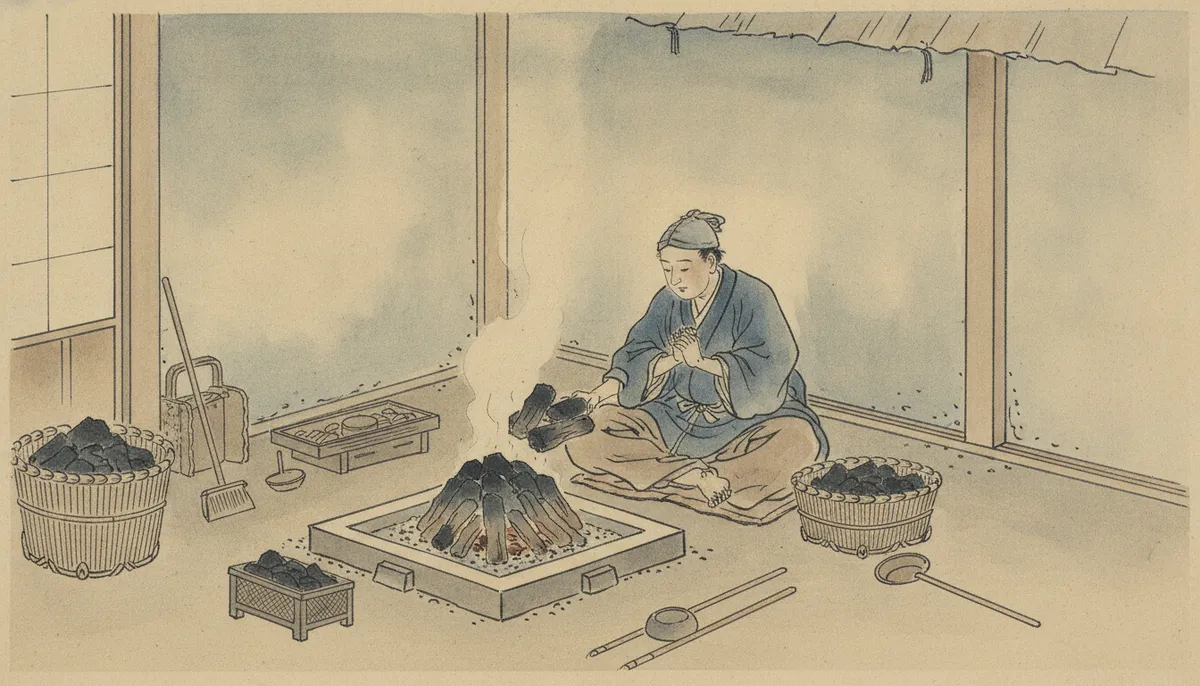 挿絵：孫六は、おれに軽く頭をさげ、手が冷たいのだろう、両の掌をこすりあわせて、鉢の前へ