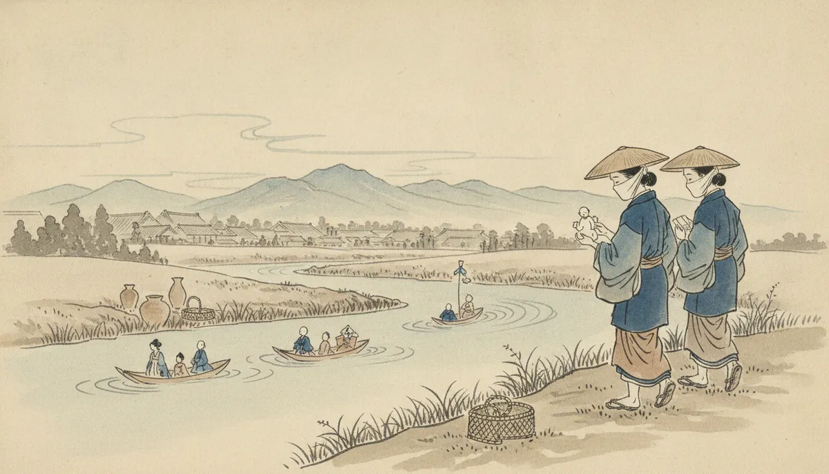 挿絵:上巳の日、たづはその白い人形を持って、姫君を近くの川べりへ連れていった
