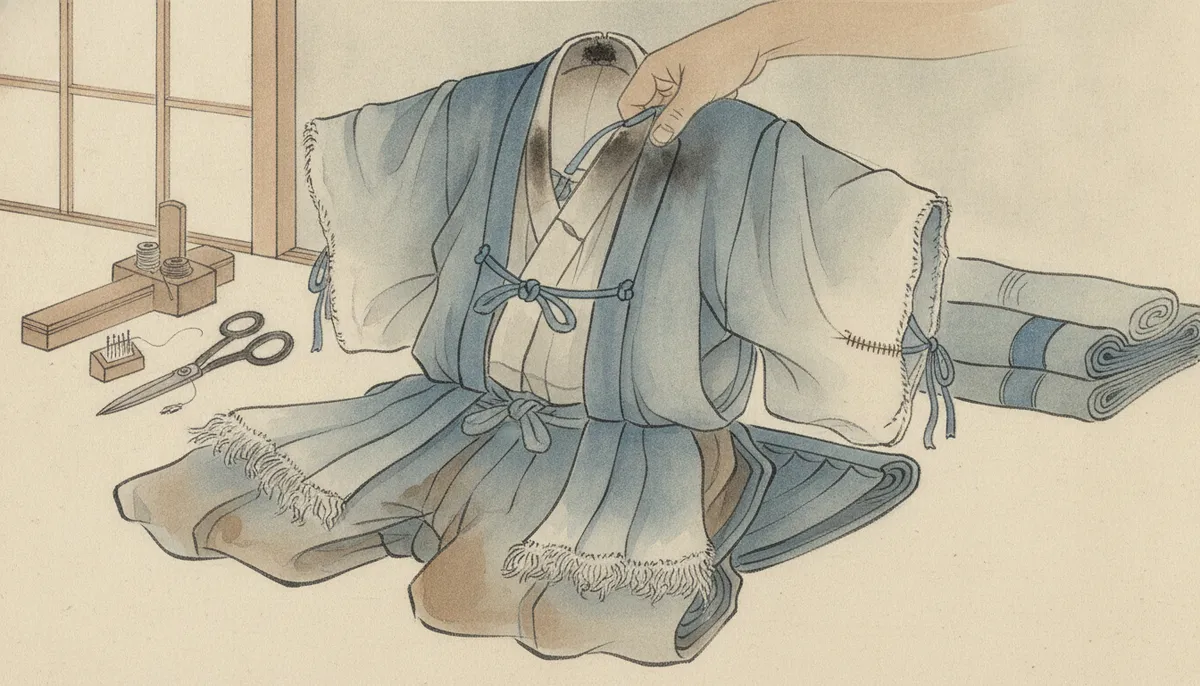 挿絵：古いほうは、藍がすっかり褪せて、肩と肘が薄い