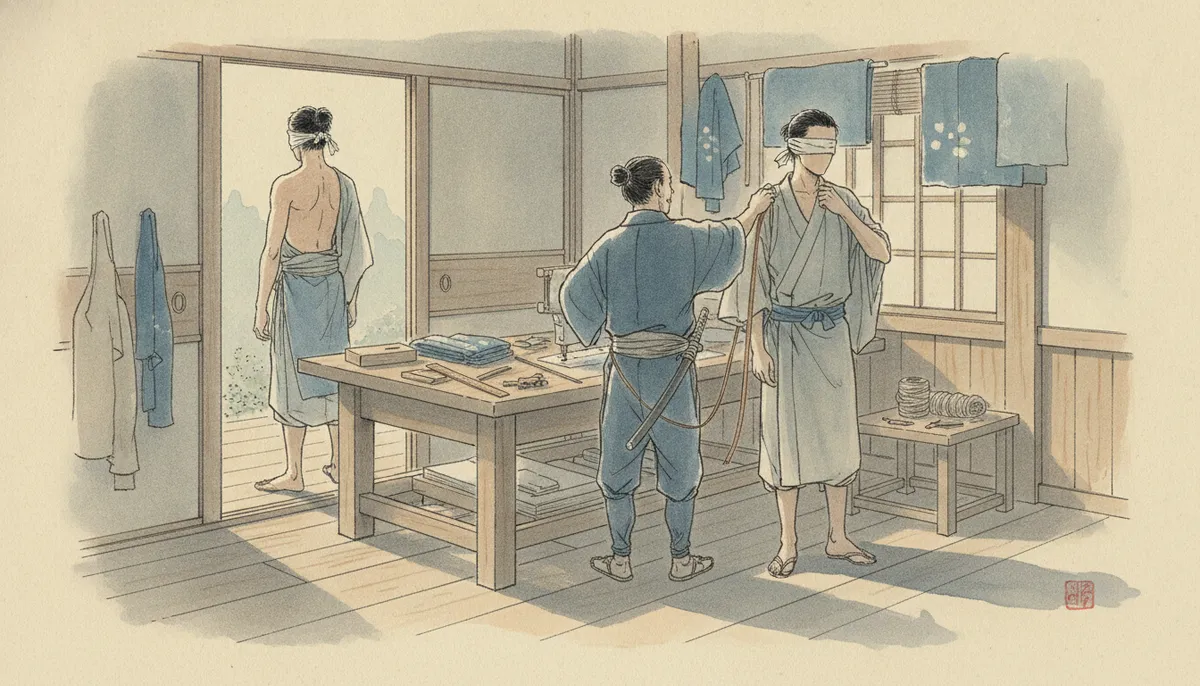 挿絵：午後になって、屋敷の若い侍が一人、戸を押して入ってきた