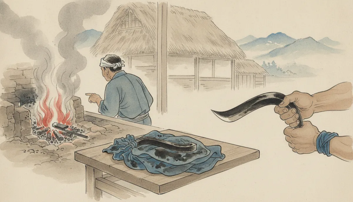 挿絵:親方は火床から目を離さずに、土間の台の上を顎で示した