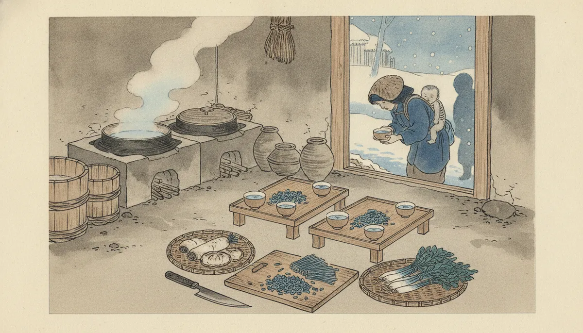 挿絵：冬のうちは、大根と乾かした青菜が菜の種になった