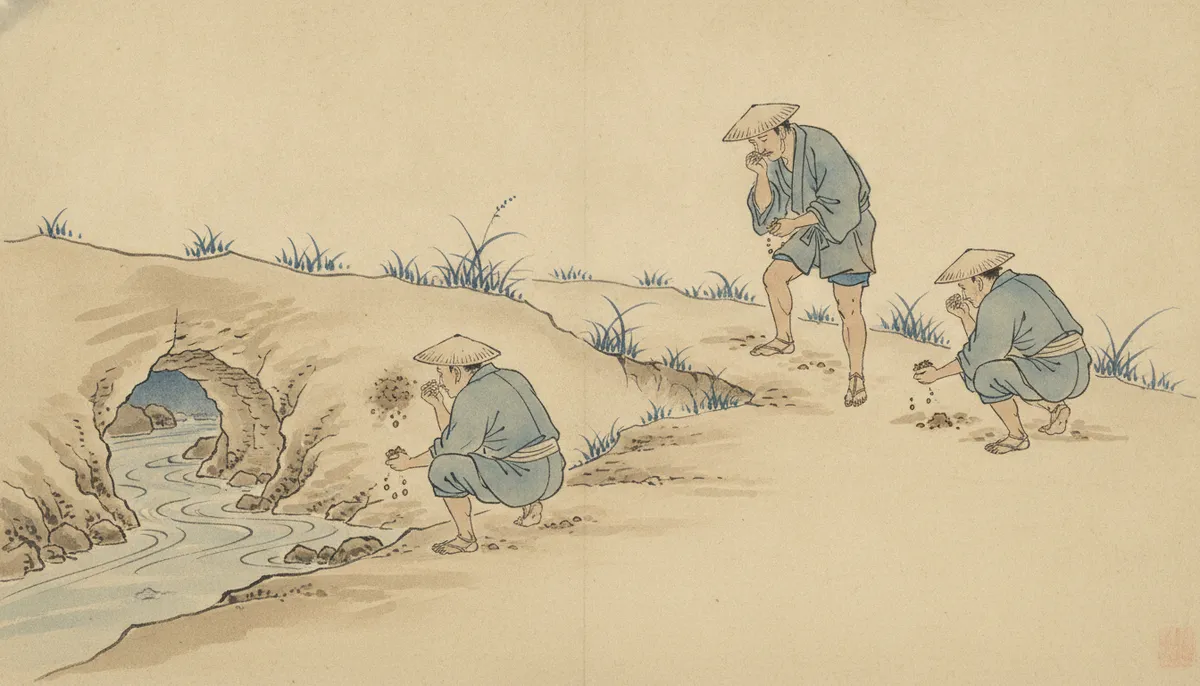 挿絵：長の言った古い穴は、川べりの葦の根方にあった
