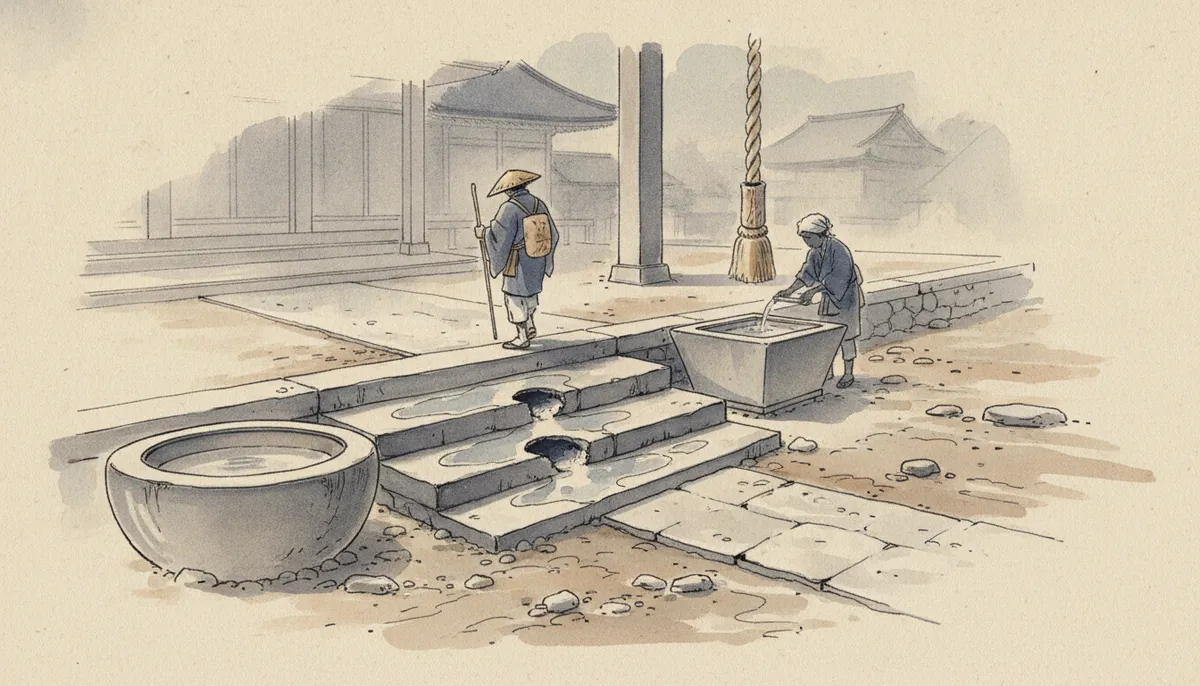 挿絵:寺の石段は、踏まれ続けて真ん中がくぼみ、雨のたび水を溜めていた