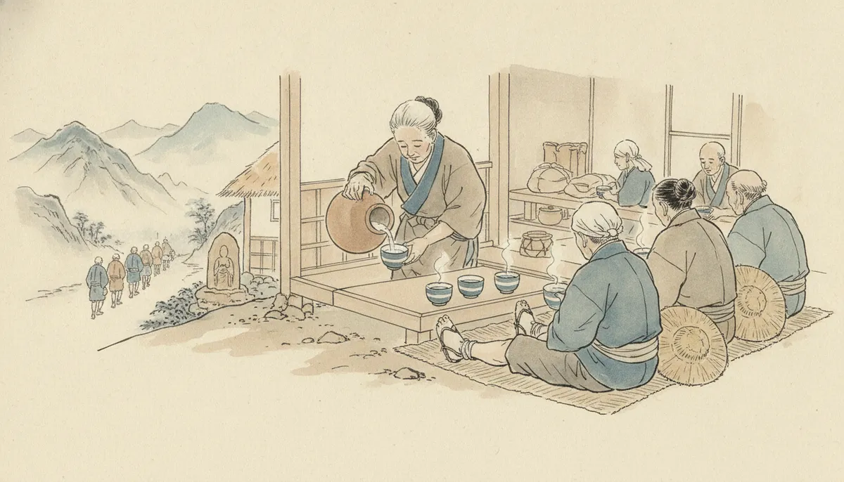 挿絵:峠の茶屋で一服する巡礼たちの列にも、幾度か行き合った