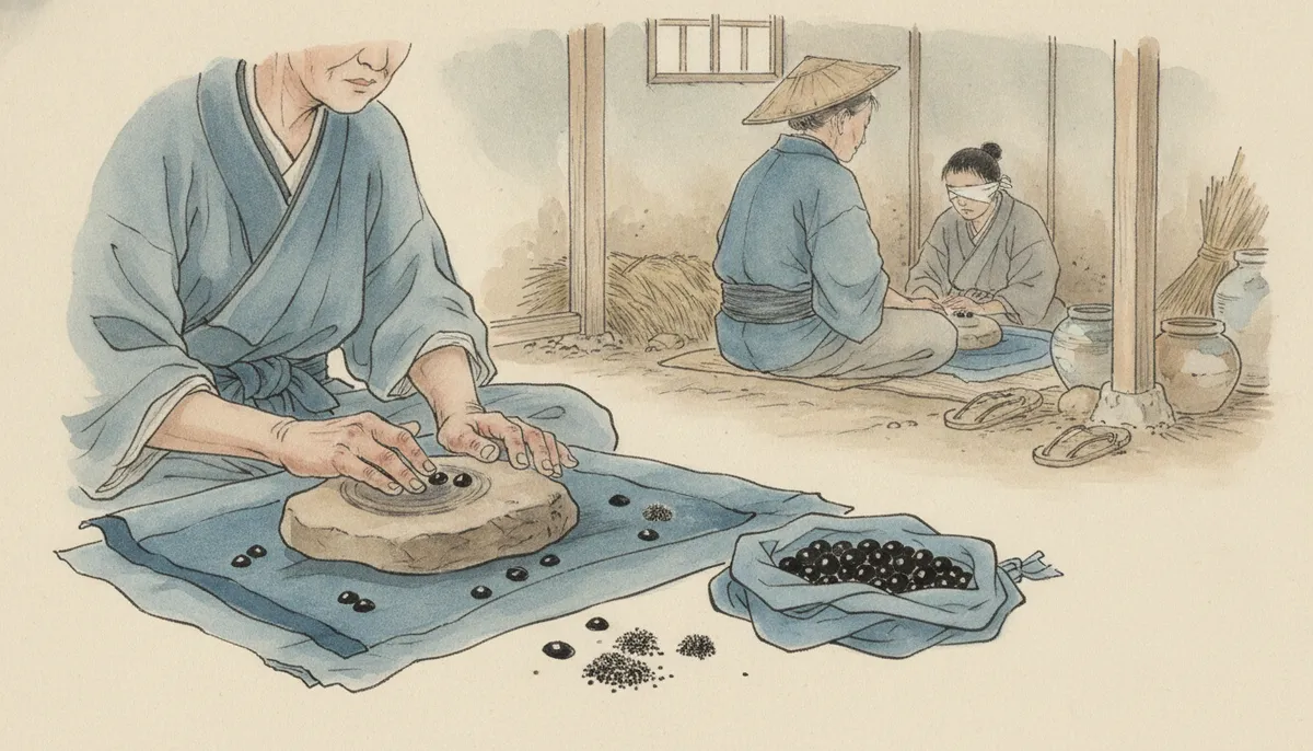 挿絵：磨きは、婆が川原から選んできたざらつく石の上でやる