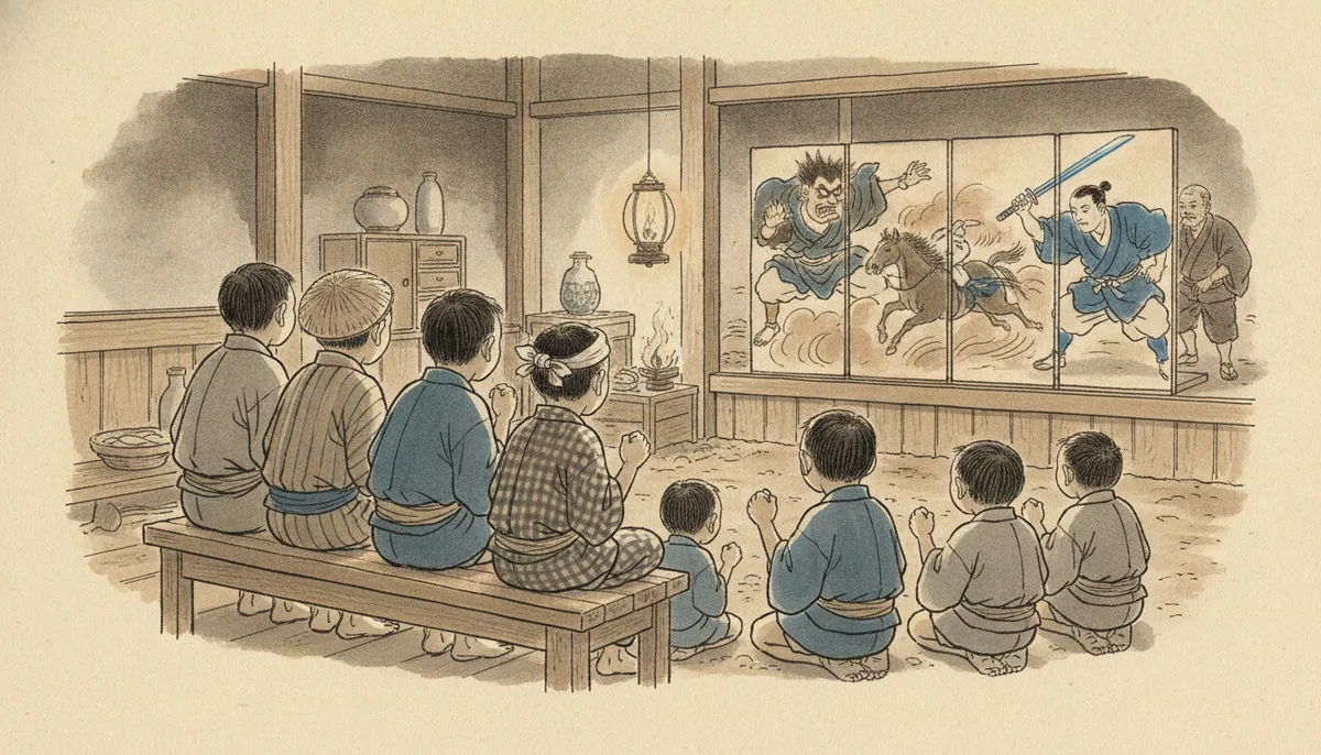 挿絵：子らは身を乗り出し、こぶしをにぎりしめる