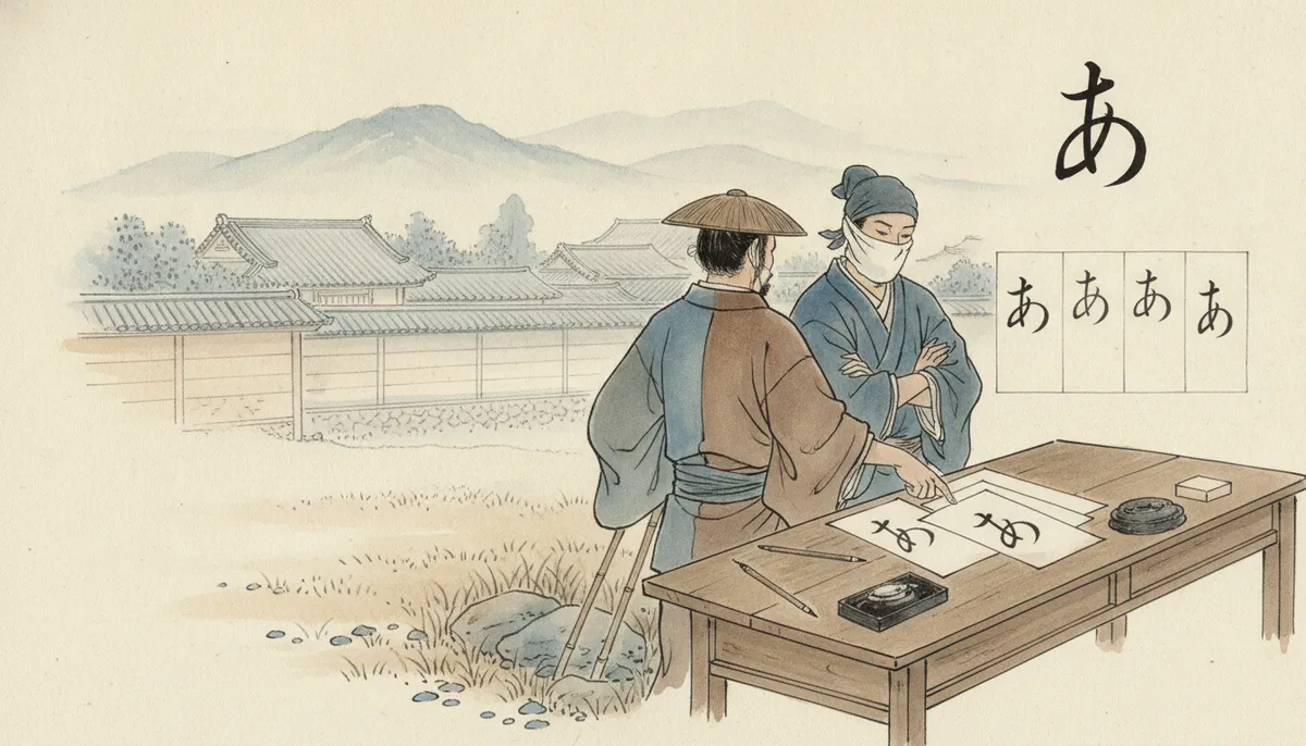 挿絵：「そなたの『あ』は、隣の邸の主の書く『あ』とも、また違う形じゃな