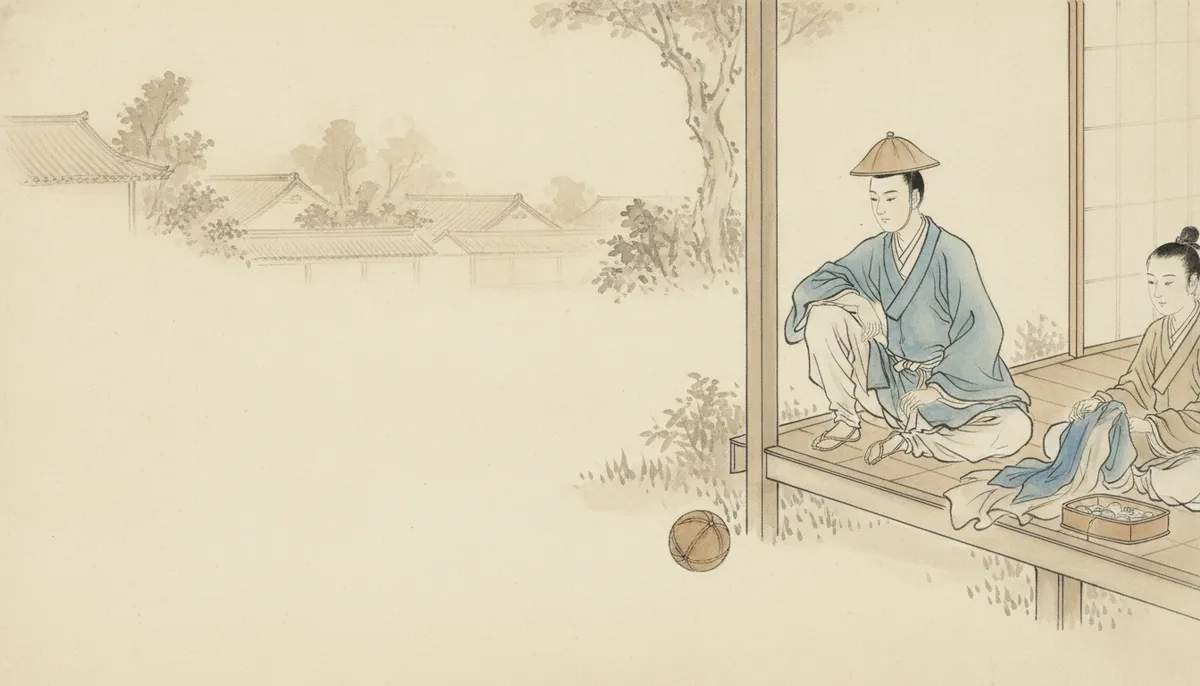 挿絵：ひとしきり鞠を追って、汗ばんだ若君が縁に腰をおろす