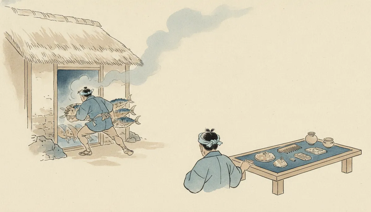 挿絵：わしが小間物を広げていると、ひとりの若い衆が血相を変えて、小屋から飛び出してきた