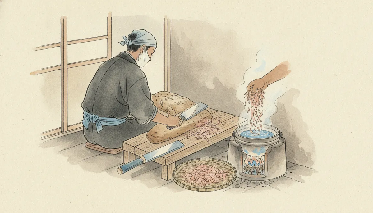 挿絵：親方は、にやりと笑って、よく研いだ鉋のような刃物を取り出すと、その「カビの魚