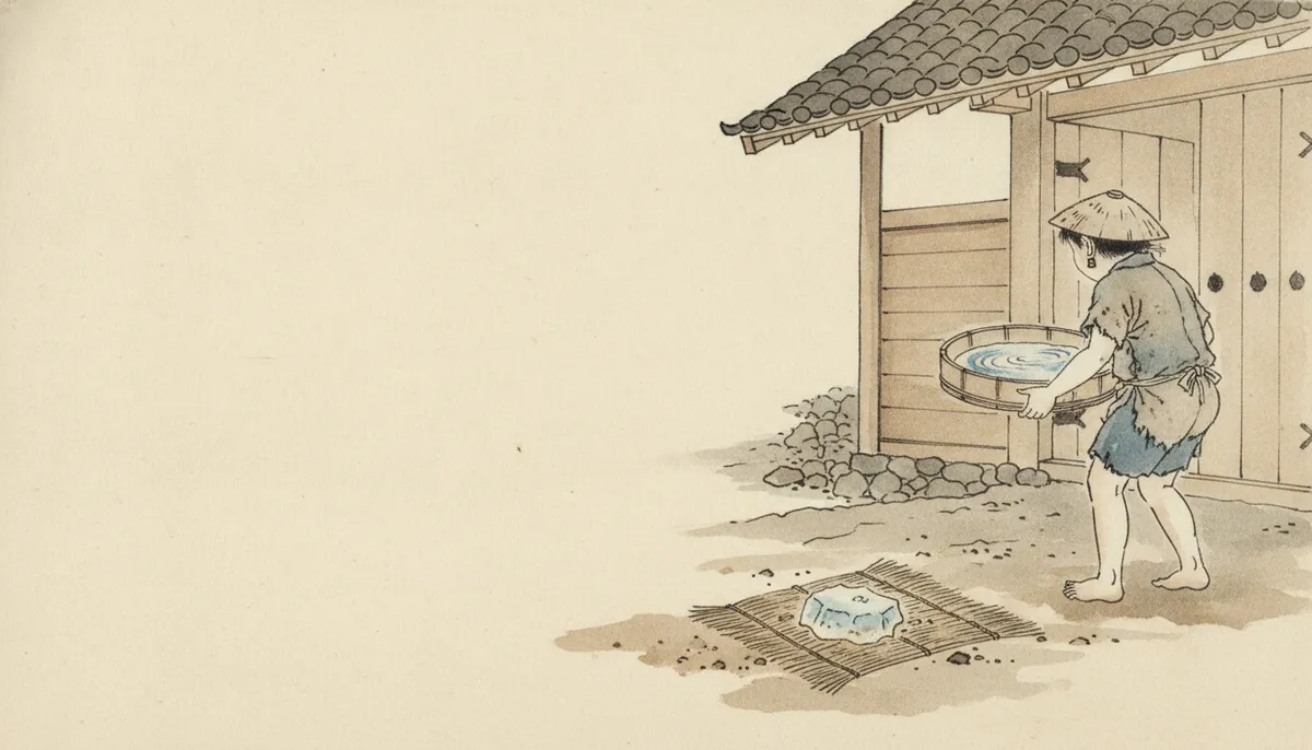 挿絵：門のかたわらでは、水汲みをする童女が一人、水を張った小ぶりの盥を、よろけながらも