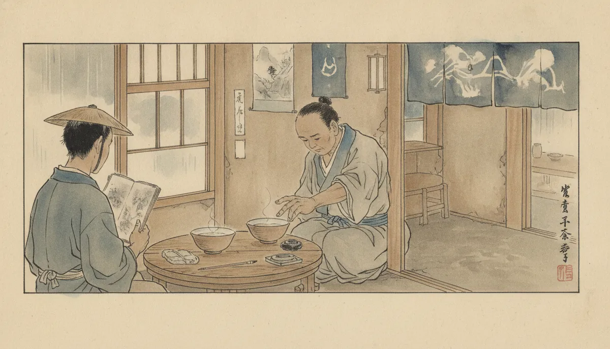 挿絵：壁ぎわの若い男は、画帖を抱えたまま、その隅のほうを見ては目を伏せていた