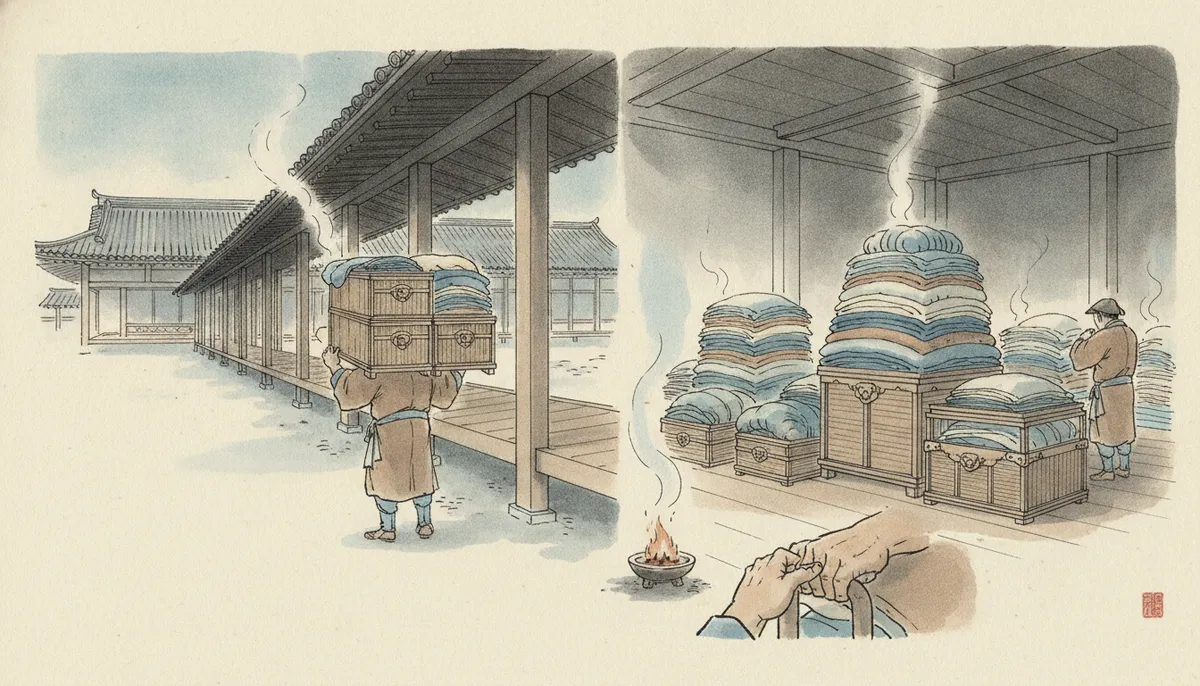 挿絵：われは、その冬の衣をまとめて唐櫃に納め、別の棟へ運ぶ役だった