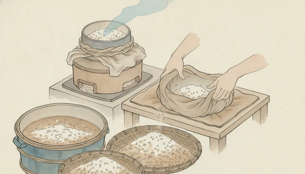 挿絵:前の晩から水に浸しておいた白米は、桶のなかでほんのり色を変え、粒のひとつぶひとつ