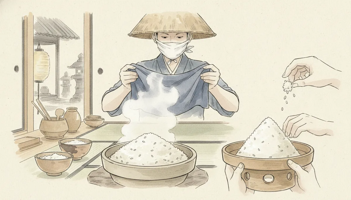 挿絵:布をひらくと、ふわりと強い湯気が顔を打ち、なかから、つやつやと光る白い飯が現れた