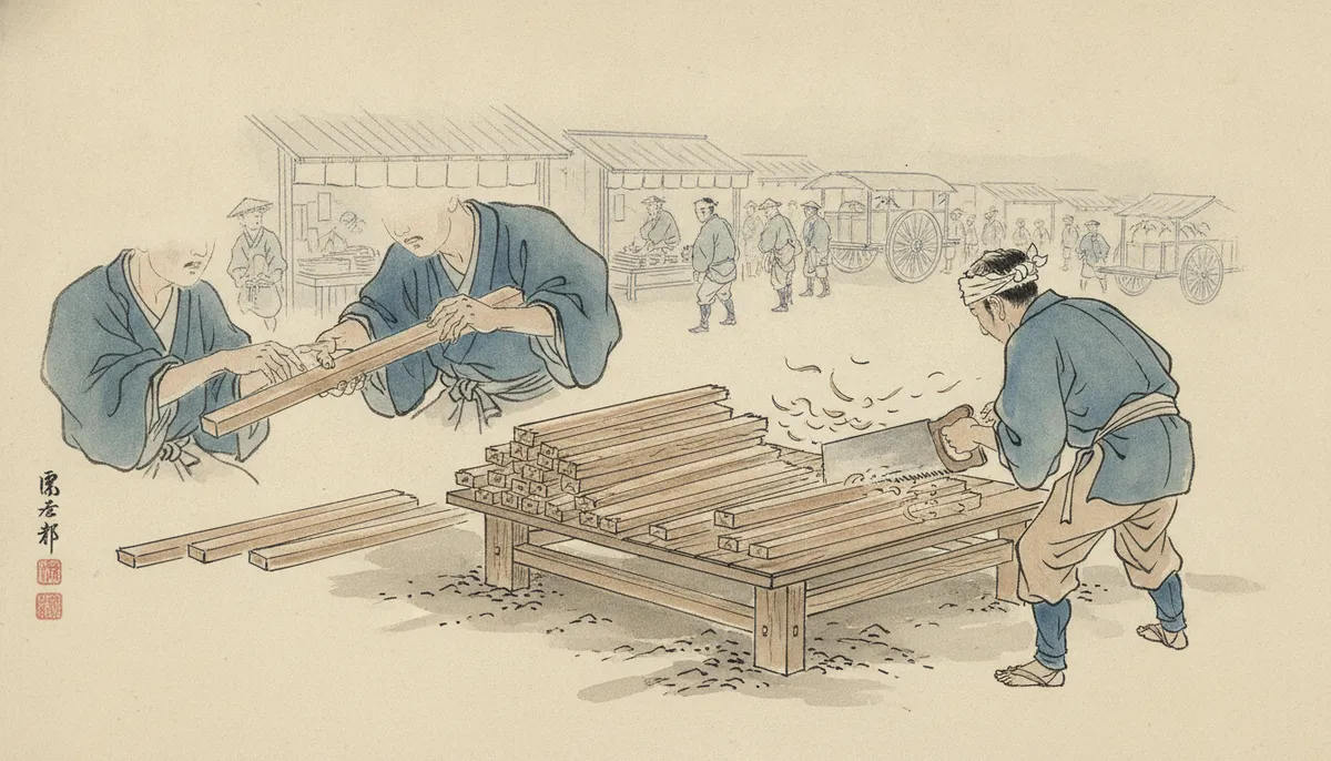 挿絵：あるとき、削りかけの一枚を、忠助は黙ってわれの手に押しつけた