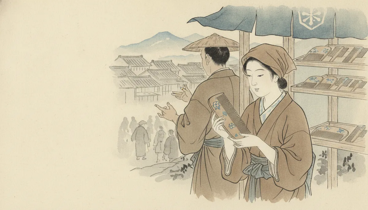 挿絵：忠助は棚から一枚を選んで、女の手のひらに載せた