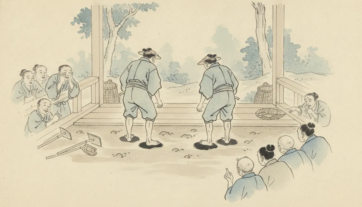 挿絵：土間に出てきたのは、装束も面もない、素顔の男が二人だった
