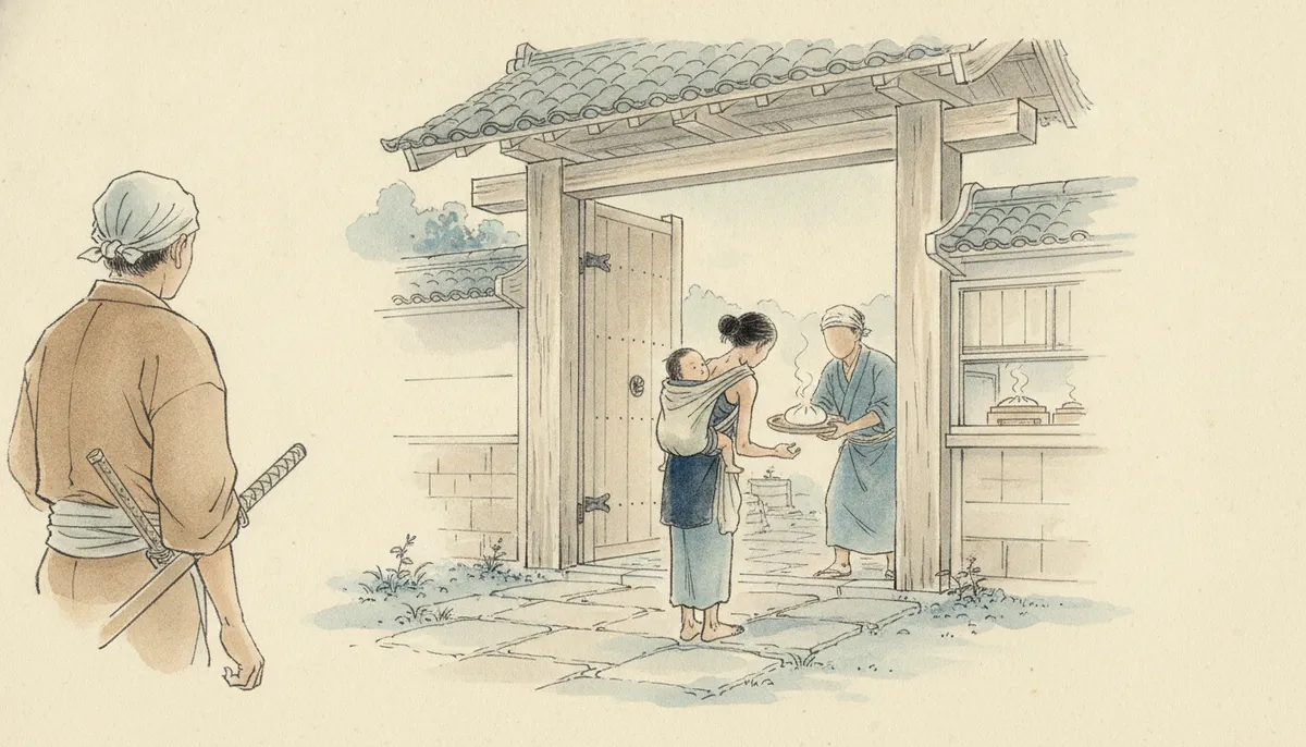挿絵：その二日目、寺の門前に、痩せた女が幼い子を背負って立っていた