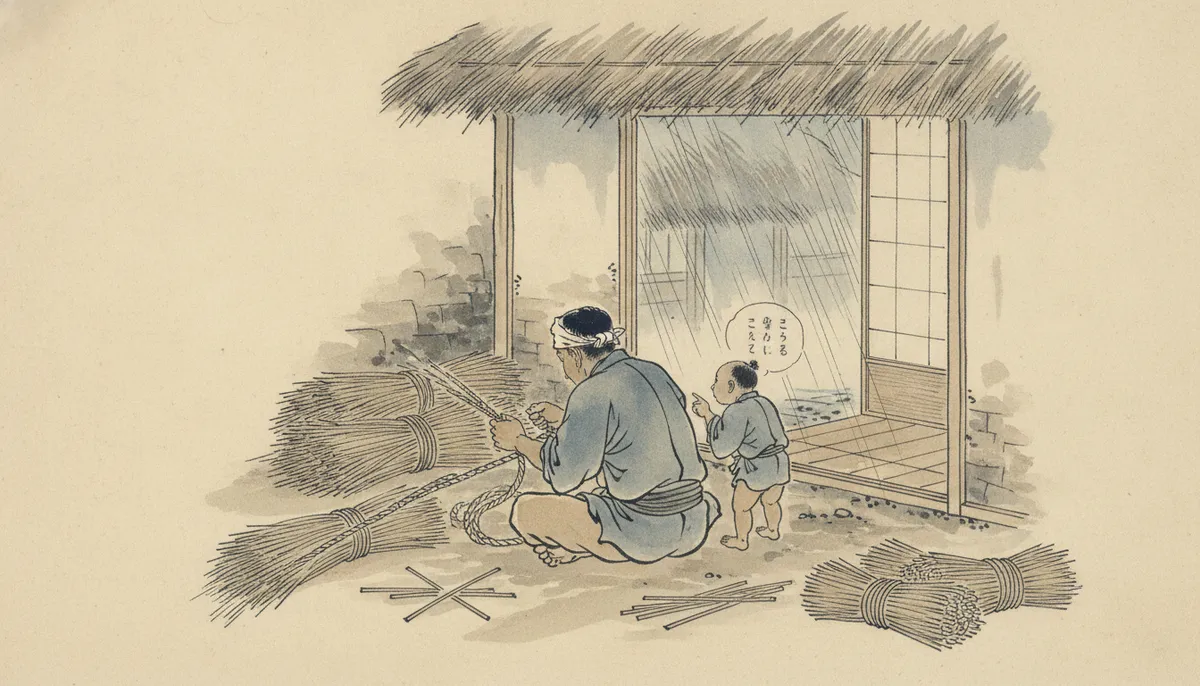 挿絵:外の雨は絶え間なく屋根を打ち、その音に紛れて、童の声はいっそう聞き取りにくくなる