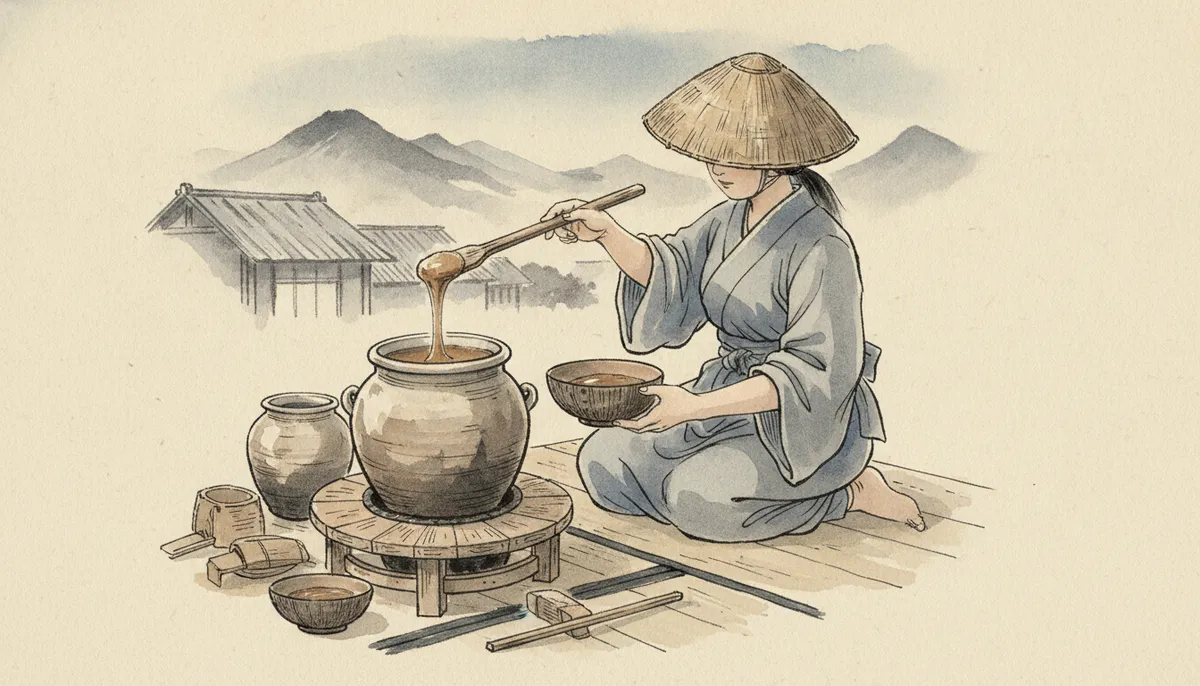 挿絵：女房は木のへらを甕の底まで差し入れて、その茶色いものをひと掬いすると、おれの椀の