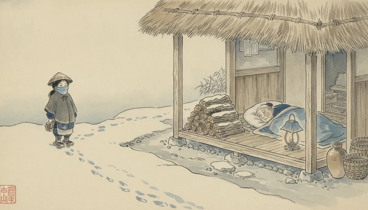 挿絵:朝夕には、隣の家の女の子が雪をこいでやってきた