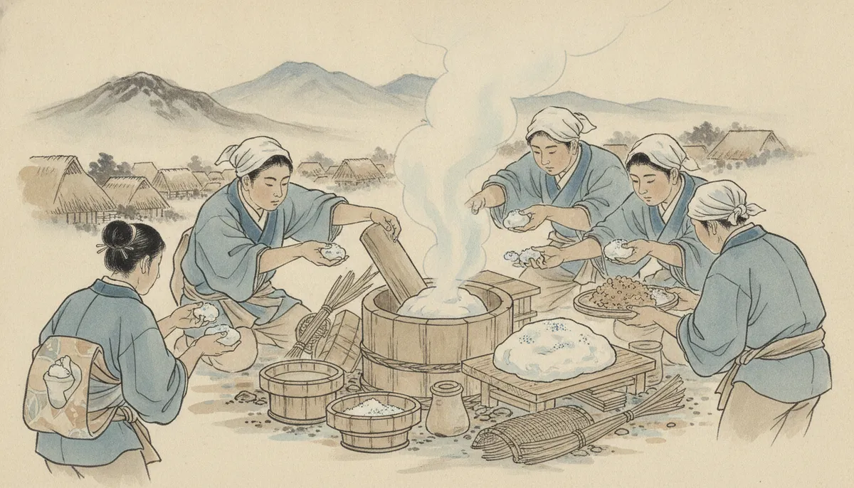 挿絵：日が高くなるころ、ひと臼めが搗き上がった
