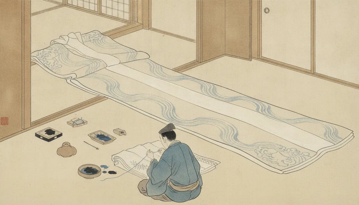 挿絵：裳そのものは、白い練り絹に、波のようにゆるくうねる文様を、薄く摺りおいたものだっ