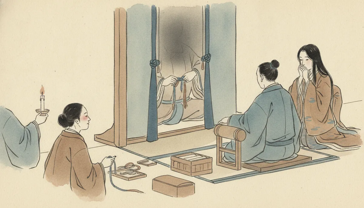 挿絵：几帳の内から、衣がこすれる小さな音と、紐を引きしめているらしいかすかな気配が伝わ