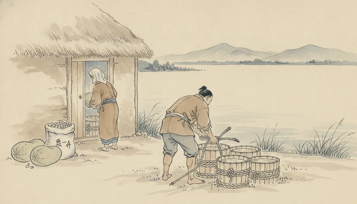 挿絵：われは瓜十と豆ひと升を渡し、その場を離れた