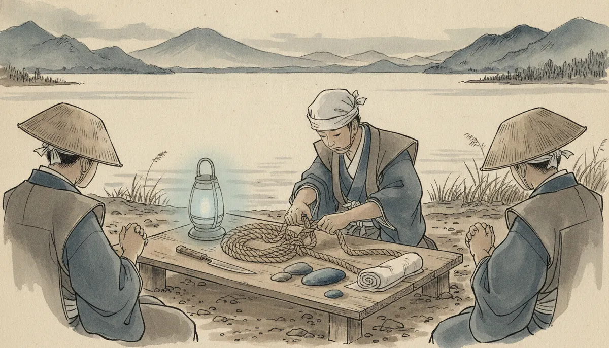 挿絵：秋丸が縄を解くその手つきを、われも待っていたほかの二人も、息を詰めて見つめていた