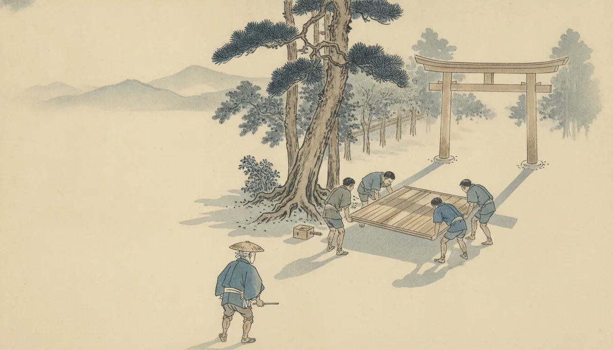 挿絵:この社へ来ると、老人は決まって板を組みなおさせた