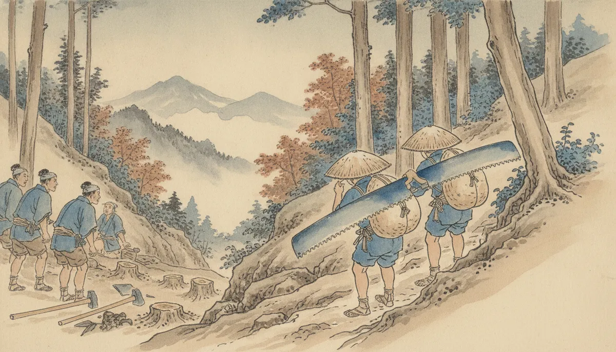 挿絵:そこへ、京のほうから来たという、二人組の若い木挽きが雇われてきた
